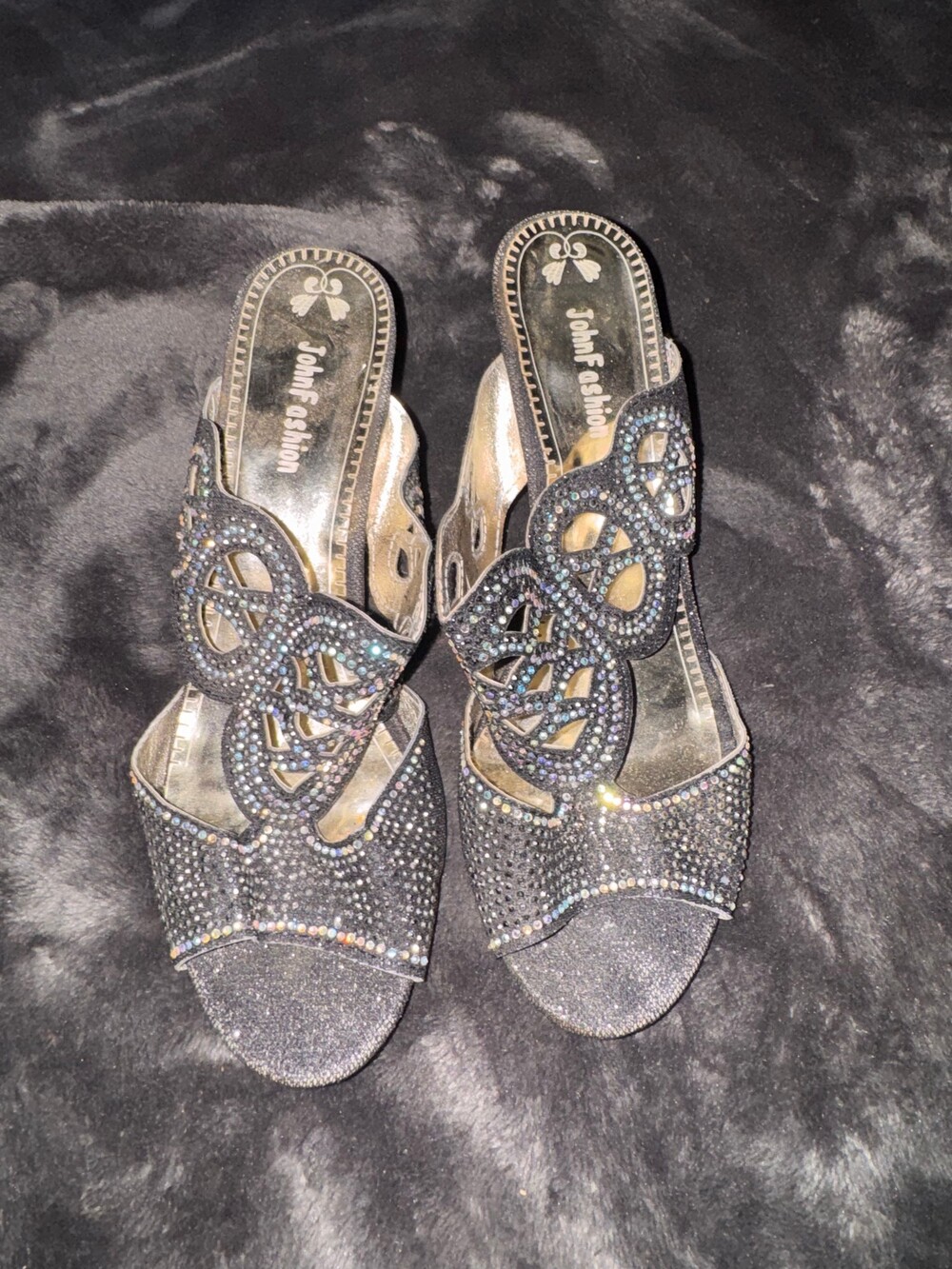 John Fashion Black Rhinestone Heels Slip-On Open Toe Shoes